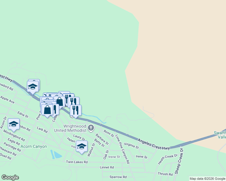 map of restaurants, bars, coffee shops, grocery stores, and more near in Wrightwood