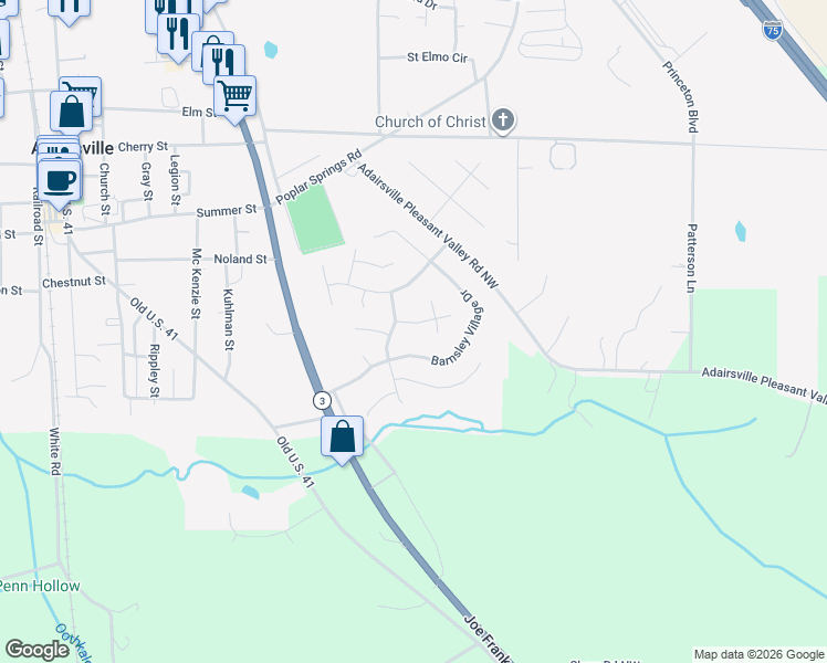 map of restaurants, bars, coffee shops, grocery stores, and more near 14 Redwood Drive in Adairsville