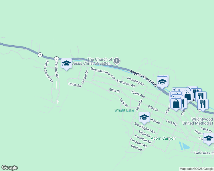 map of restaurants, bars, coffee shops, grocery stores, and more near 773 Evergreen Road in Wrightwood