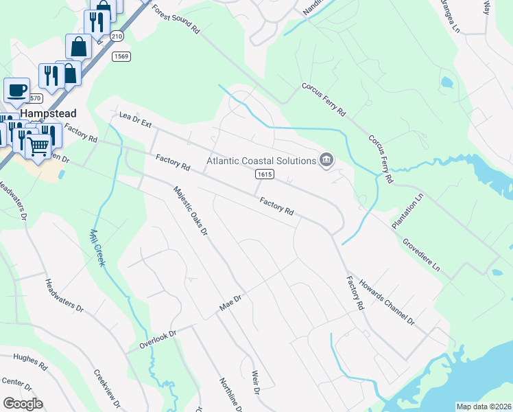 map of restaurants, bars, coffee shops, grocery stores, and more near 825 Factory Road in Hampstead