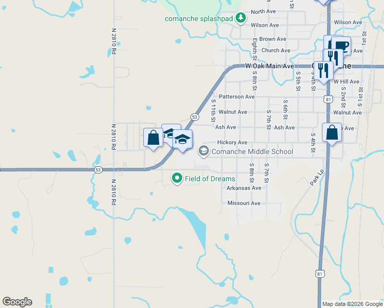 map of restaurants, bars, coffee shops, grocery stores, and more near 1030 Ash Avenue in Comanche