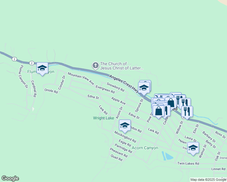 map of restaurants, bars, coffee shops, grocery stores, and more near 980 Snowbird Road in Wrightwood