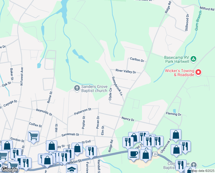 map of restaurants, bars, coffee shops, grocery stores, and more near 283 Clyde Circle in Hartwell