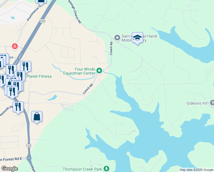 map of restaurants, bars, coffee shops, grocery stores, and more near 121 Lake Drive in Dawsonville