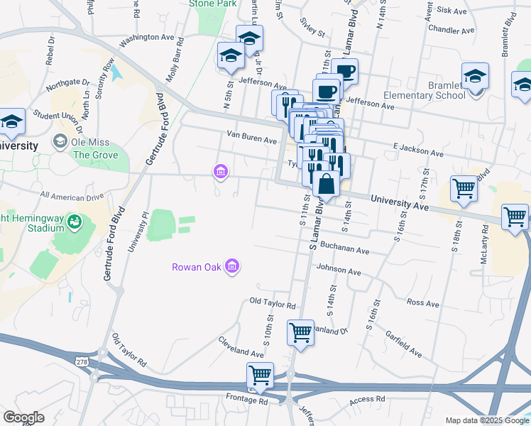 map of restaurants, bars, coffee shops, grocery stores, and more near 607 South 8th Street in Oxford
