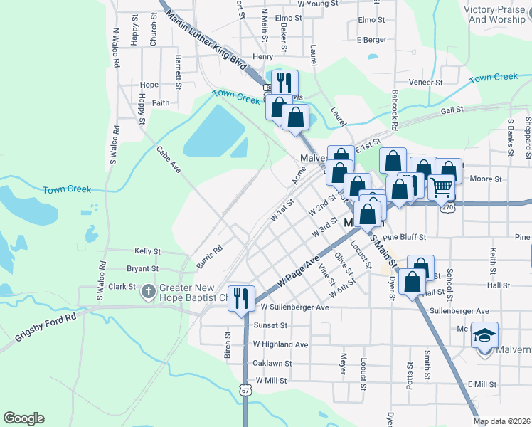map of restaurants, bars, coffee shops, grocery stores, and more near Acme in Malvern