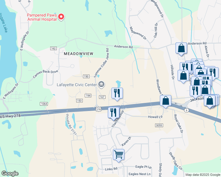 map of restaurants, bars, coffee shops, grocery stores, and more near 2-28 County Road 167 in Oxford