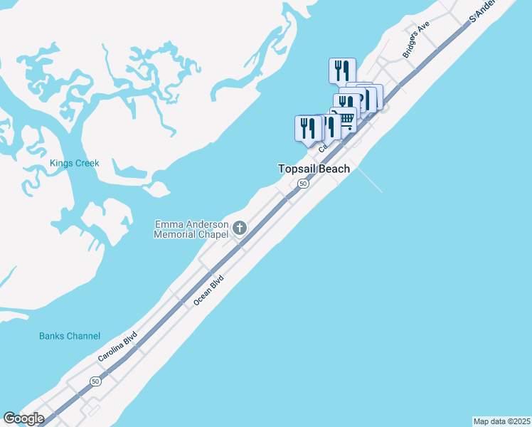 map of restaurants, bars, coffee shops, grocery stores, and more near 1018 South Anderson Boulevard in Holly Ridge