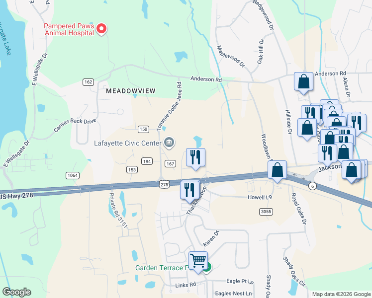 map of restaurants, bars, coffee shops, grocery stores, and more near 2-98 County Road 167 in Oxford