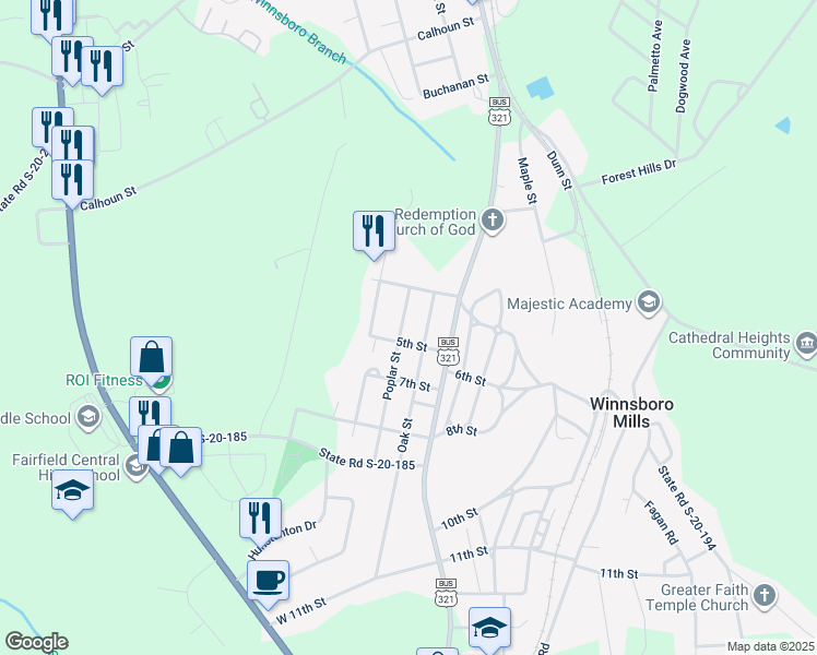 map of restaurants, bars, coffee shops, grocery stores, and more near 245 Poplar Street in Winnsboro