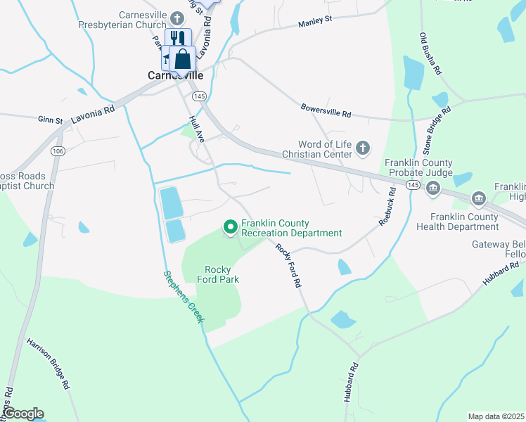 map of restaurants, bars, coffee shops, grocery stores, and more near 612 Rocky Ford Road in Carnesville