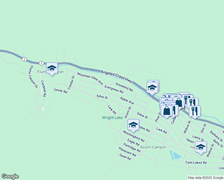 map of restaurants, bars, coffee shops, grocery stores, and more near 900 Evergreen Road in Wrightwood