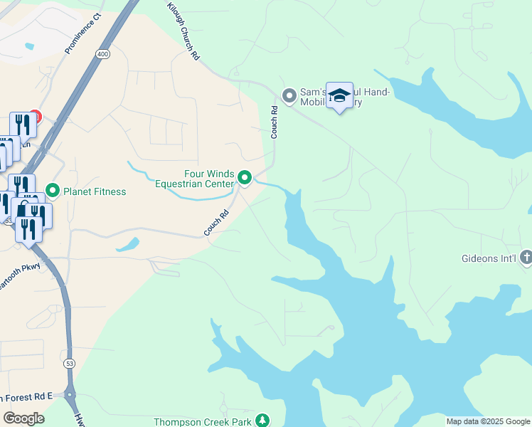 map of restaurants, bars, coffee shops, grocery stores, and more near 121 Lake Drive in Dawsonville