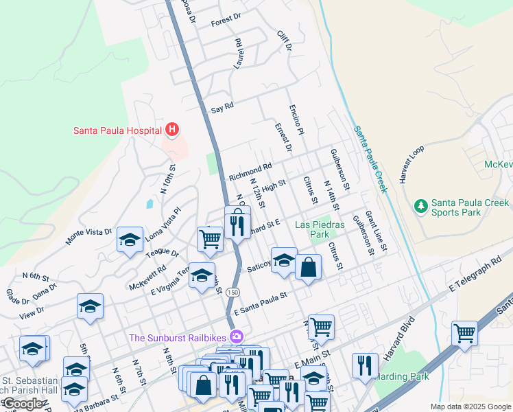 map of restaurants, bars, coffee shops, grocery stores, and more near 541 North 12th Street in Santa Paula