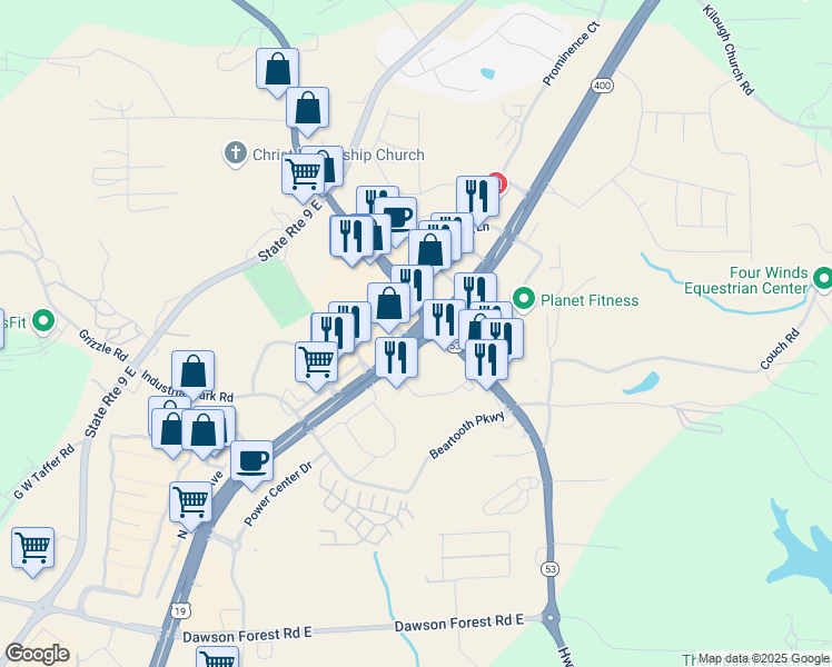 map of restaurants, bars, coffee shops, grocery stores, and more near 19 Georgia 400 in Dawsonville