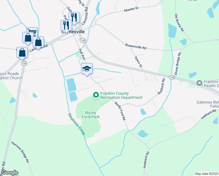 map of restaurants, bars, coffee shops, grocery stores, and more near 612 Rocky Ford Road in Carnesville