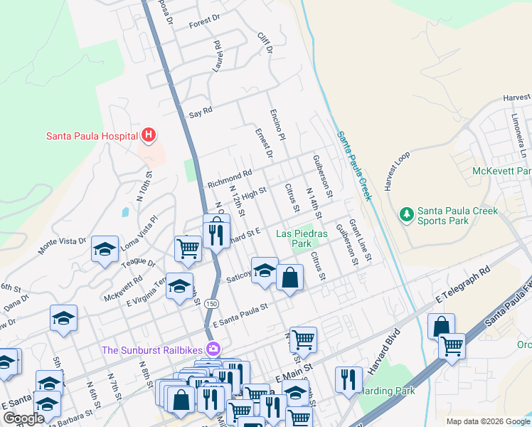 map of restaurants, bars, coffee shops, grocery stores, and more near 531 Sycamore Street in Santa Paula