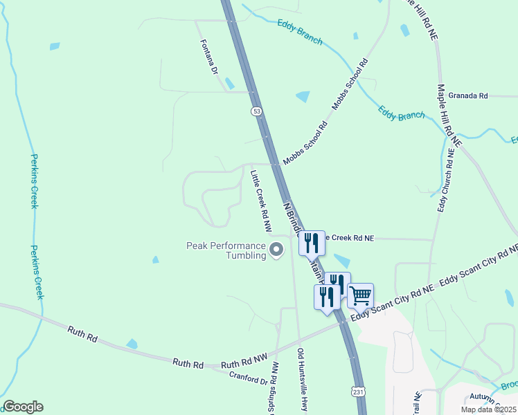 map of restaurants, bars, coffee shops, grocery stores, and more near 2581 Little Creek Road Northwest in Arab