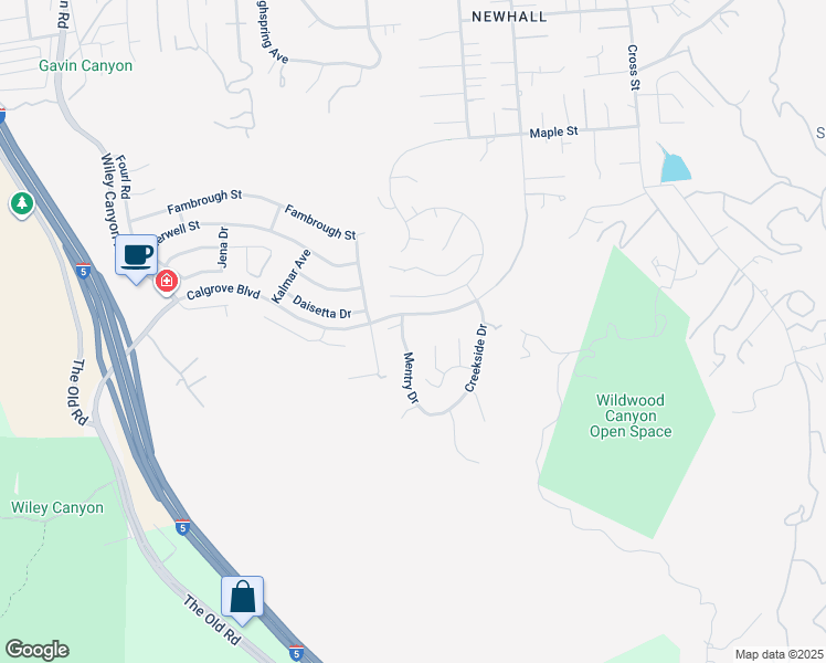 map of restaurants, bars, coffee shops, grocery stores, and more near 24232 Mentry Drive in Santa Clarita