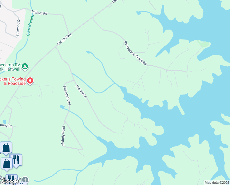 map of restaurants, bars, coffee shops, grocery stores, and more near 1230 Melody Lane in Hartwell