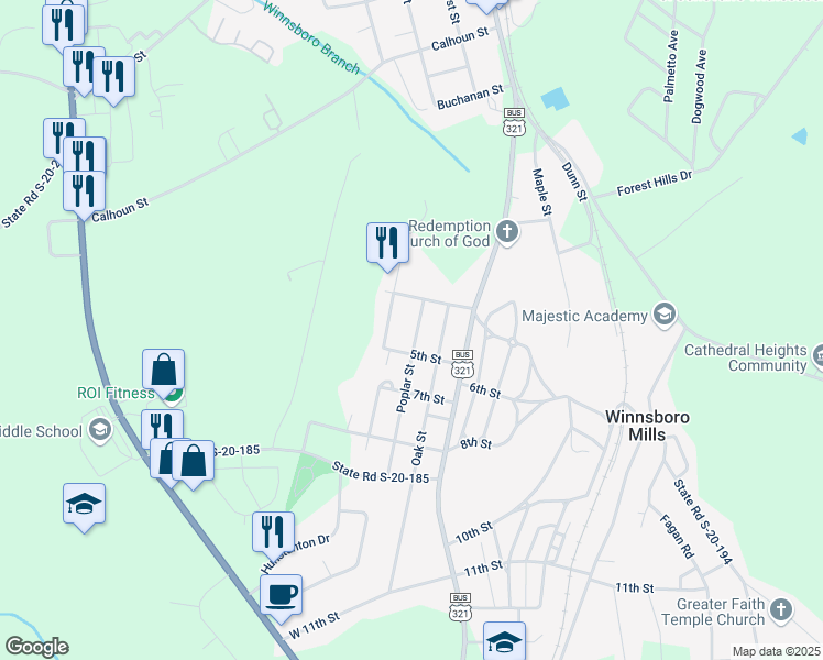 map of restaurants, bars, coffee shops, grocery stores, and more near 245 Poplar Street in Winnsboro