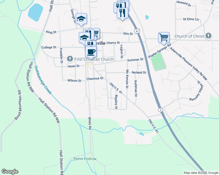 map of restaurants, bars, coffee shops, grocery stores, and more near 221 Lawrence Street in Adairsville