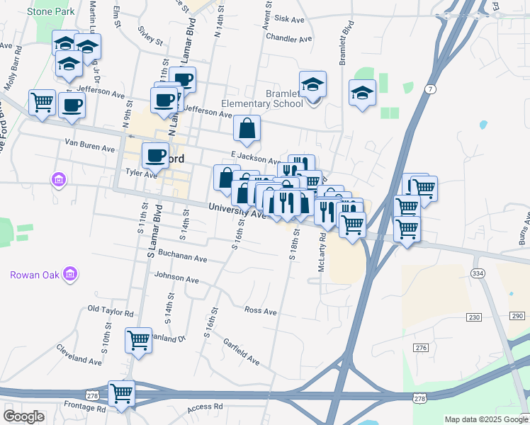 map of restaurants, bars, coffee shops, grocery stores, and more near 1711c University Avenue in Oxford