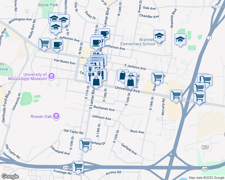 map of restaurants, bars, coffee shops, grocery stores, and more near 1430 University Avenue in Oxford