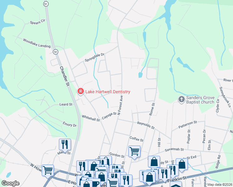 map of restaurants, bars, coffee shops, grocery stores, and more near 775 North Forest Avenue in Hartwell