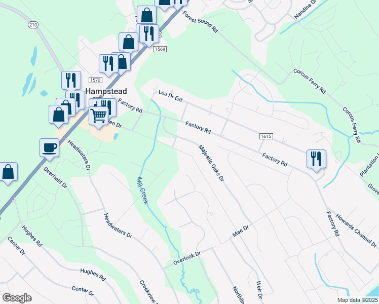 map of restaurants, bars, coffee shops, grocery stores, and more near 533 Dan Owen Drive in Hampstead