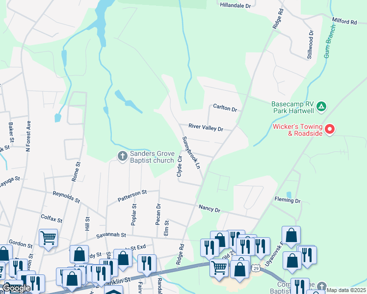 map of restaurants, bars, coffee shops, grocery stores, and more near 283 Clyde Circle in Hartwell
