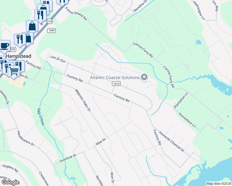 map of restaurants, bars, coffee shops, grocery stores, and more near 825 Factory Road in Hampstead