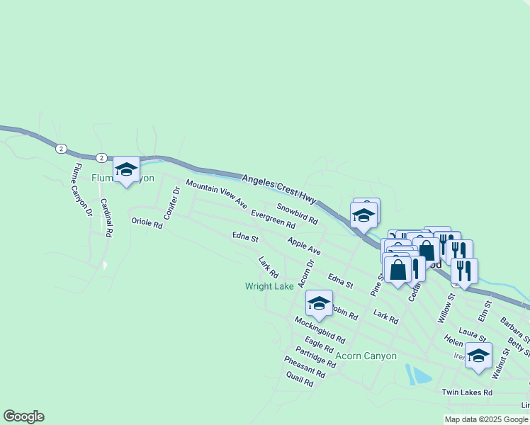 map of restaurants, bars, coffee shops, grocery stores, and more near 900 Evergreen Road in Wrightwood