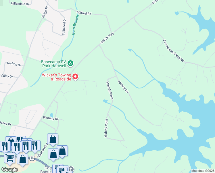 map of restaurants, bars, coffee shops, grocery stores, and more near Melody Point in Hartwell