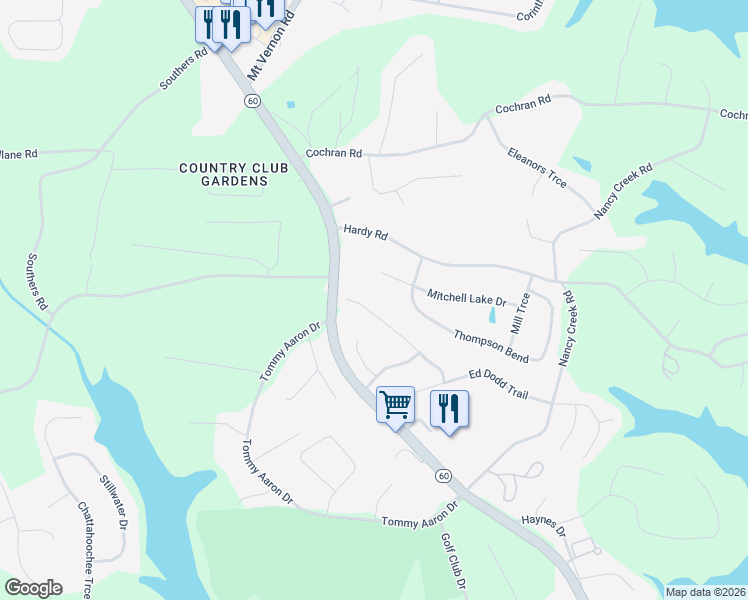 map of restaurants, bars, coffee shops, grocery stores, and more near 3466 Mill Creek Road in Gainesville