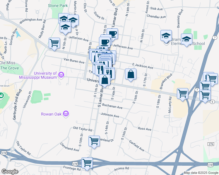 map of restaurants, bars, coffee shops, grocery stores, and more near 501 South 13th Street in Oxford