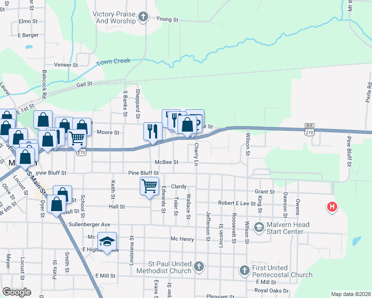 map of restaurants, bars, coffee shops, grocery stores, and more near 1129 East Page Avenue in Malvern