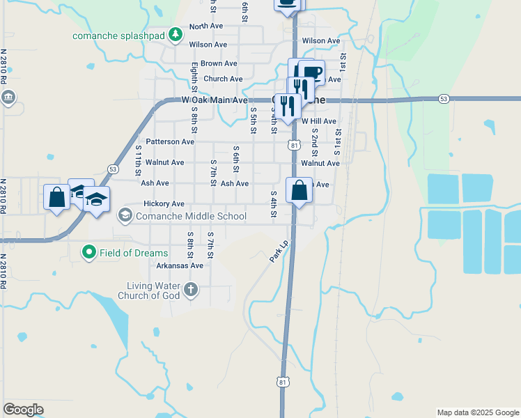 map of restaurants, bars, coffee shops, grocery stores, and more near 410 Hickory Avenue in Comanche