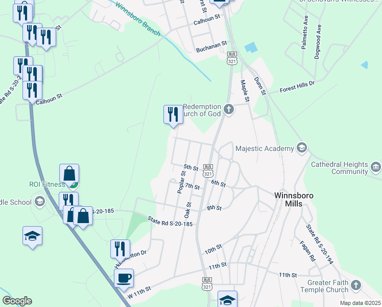 map of restaurants, bars, coffee shops, grocery stores, and more near 245 Poplar Street in Winnsboro