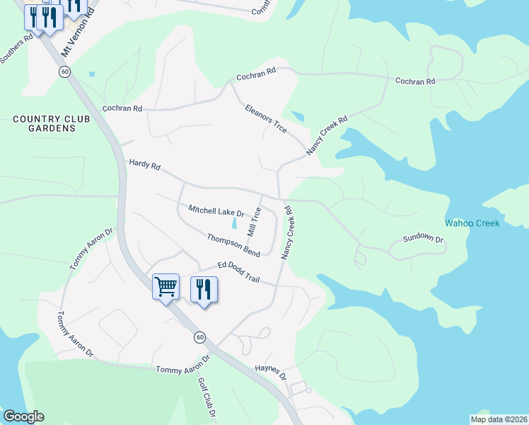 map of restaurants, bars, coffee shops, grocery stores, and more near 3625 Thompson Bend in Gainesville