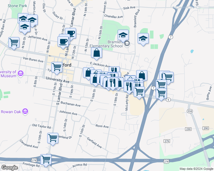map of restaurants, bars, coffee shops, grocery stores, and more near 1711c University Avenue in Oxford