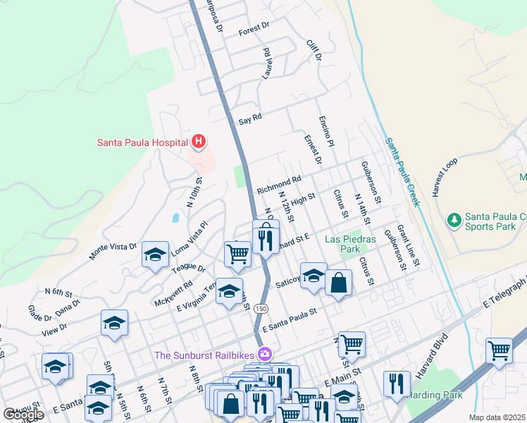 map of restaurants, bars, coffee shops, grocery stores, and more near 1129 High Street in Santa Paula