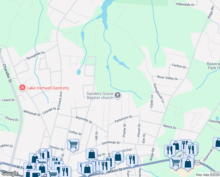 map of restaurants, bars, coffee shops, grocery stores, and more near 655 Slaton Avenue in Hartwell