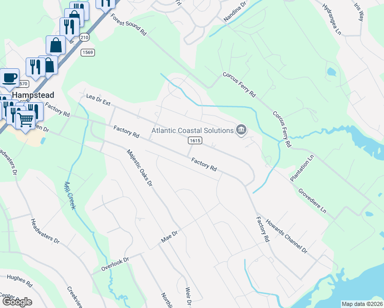 map of restaurants, bars, coffee shops, grocery stores, and more near 807 Factory Road in Hampstead