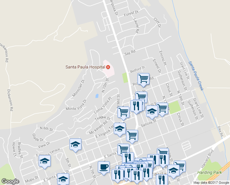 map of restaurants, bars, coffee shops, grocery stores, and more near 989 Loma Vista Place in Santa Paula