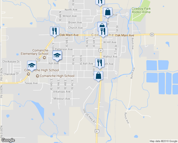 map of restaurants, bars, coffee shops, grocery stores, and more near 410 Hickory Avenue in Comanche