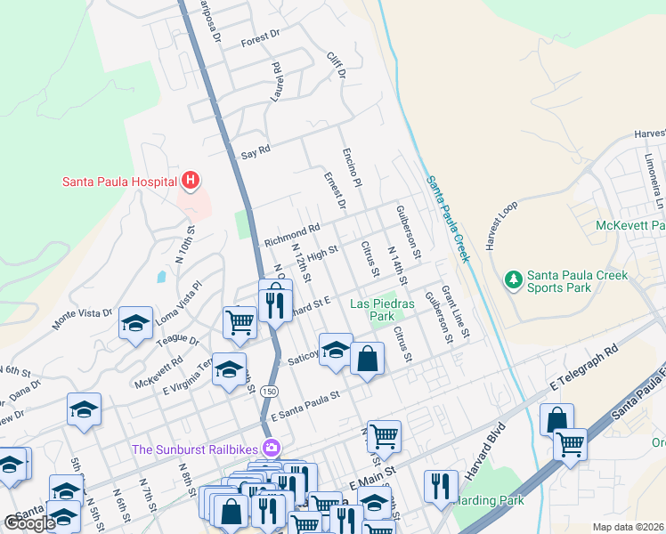 map of restaurants, bars, coffee shops, grocery stores, and more near 531 Sycamore St in Santa Paula