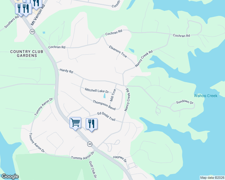 map of restaurants, bars, coffee shops, grocery stores, and more near 3625 Thompson Bend in Gainesville