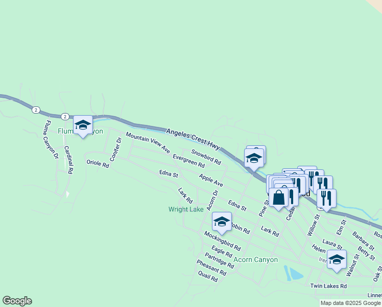 map of restaurants, bars, coffee shops, grocery stores, and more near 900 Evergreen Road in Wrightwood