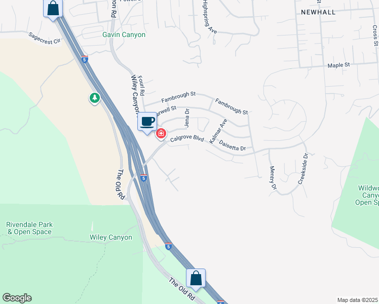 map of restaurants, bars, coffee shops, grocery stores, and more near 23808 Valley Oak Court in Santa Clarita
